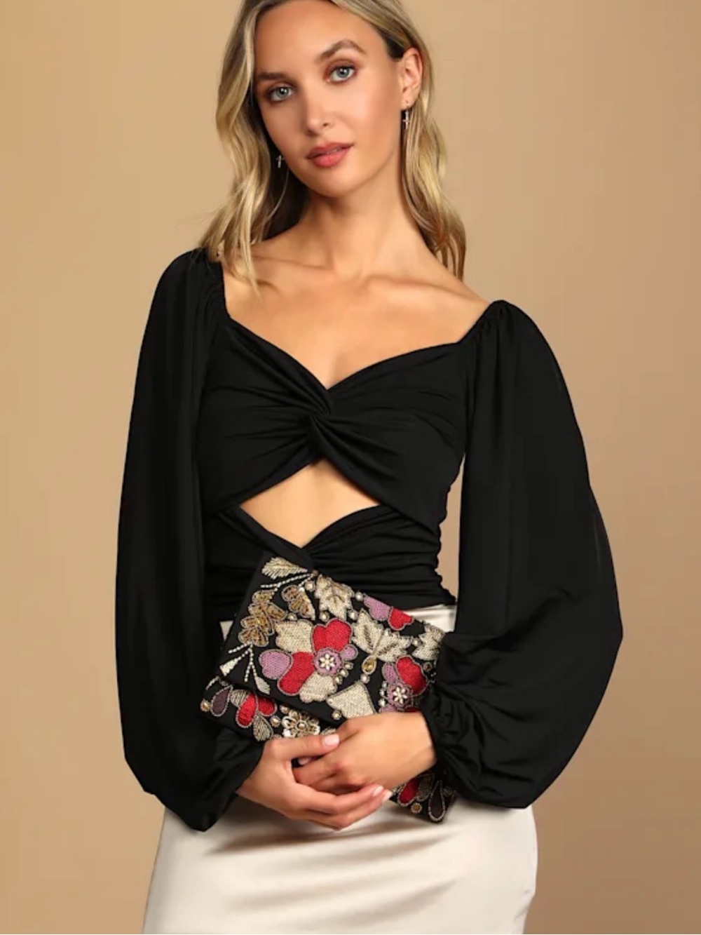 Lulus Beaded Embroidered Floral Clutch Crossbody Evening Bag